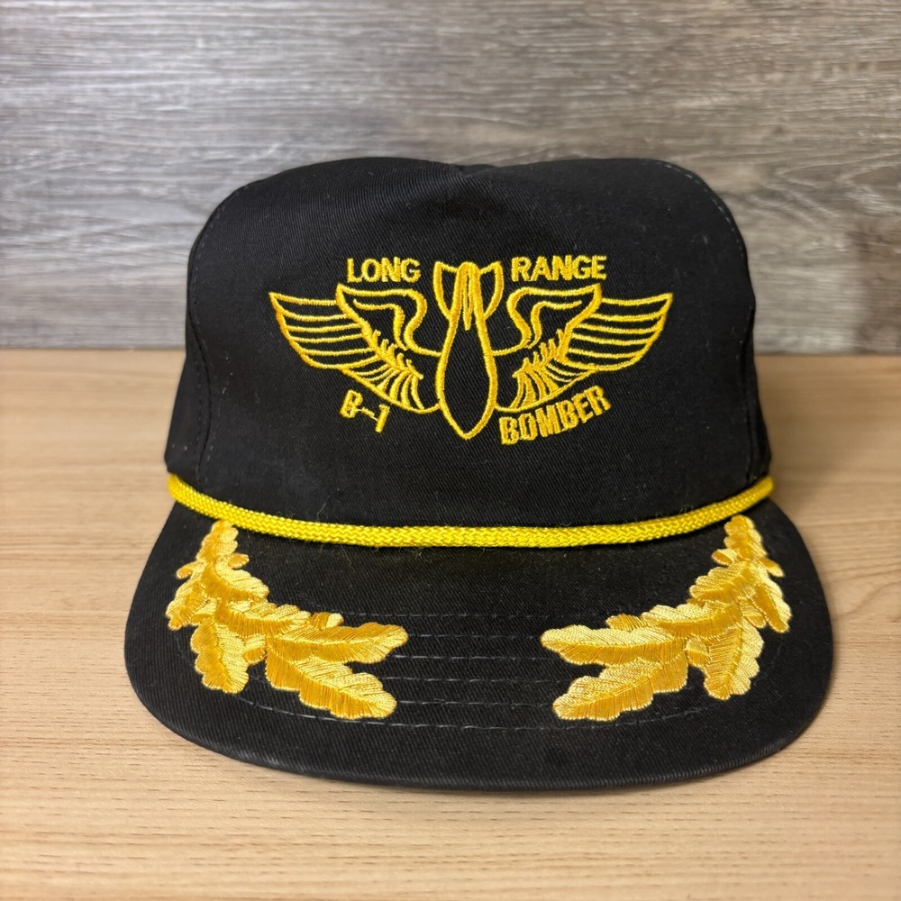 Vintage B1 Bomber Hat Cap Strap Back Black Trucker Long Ranger Plane Aviation